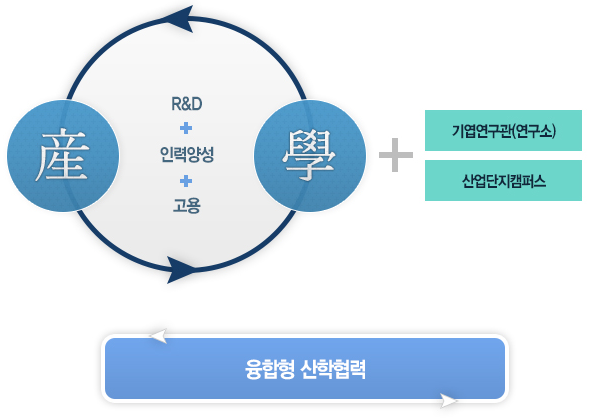 산→R&D인력고용←학+기업연구관(연구소), 산압단지 캠퍼스=융합형 산학협력